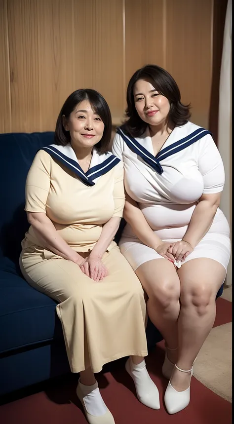 Painting two obese middle-aged women，Tall，Thick waist，showing waist，exposing your navel，，Very plump，Large breasts，big cuvy hips，Student sailor uniform，All exposed to the navel，Female，big pelvis，Full body photo，Black heels，Long legs with white skin，Shiny，sh...