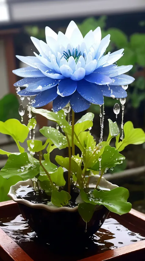 There is a blue flower in the pot on the table, spirited water plants, dripping blue natural iwakura, blue - petals, Beautiful image, waterlily mecha nymphaea, mind-blowing detail, Blue flowers, flowers rain everywhere, after rainny, alien flowers, stunnin...