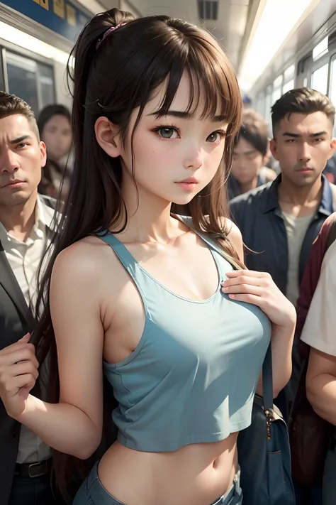 14-year-old beautiful girl surrounded by men on train､is standing,Hands on the chest,Tank tops,embarrassed from､hi-school girl,japanes