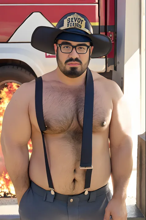 David, glasses, black beard, burly muscle man, slightly chubby, muscular, sexy fireman outfit, in a fire station, shirtless, serious face, fireman suspenders, fireman hat