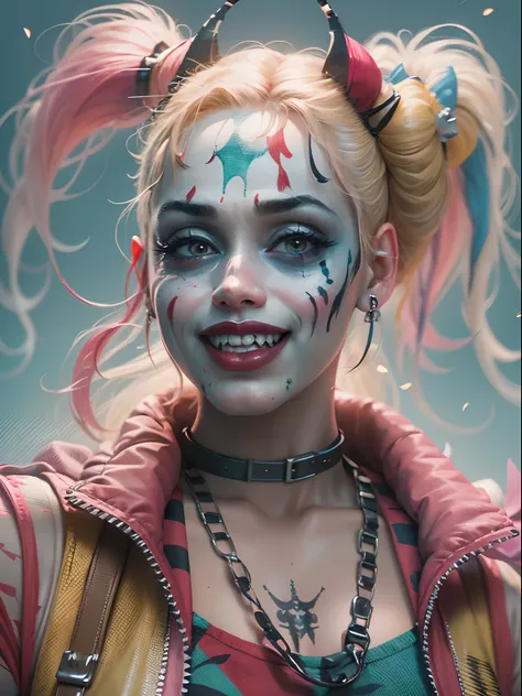 ((best quality)) , ((masterpiece)) , (detailed) ，, portrait, Golden ratio,close up of a Glam [Oversized|Impassioned] curvy Ivorian (Harley Quinn:1.3) surrounded by Comet, Pink Award-Winning hair, Nepalese Day of the Dead Face Paint, inside a Repressive Bud...