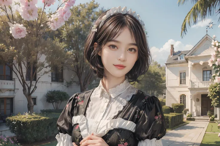 11
(Black Shorthair:1.3), (a 20 yo woman), (A hyper-realistic), (Masterpiece), (8KUHD), Beautiful woman, a smile, (Maid clothes with floral patterns:1.2), Large and luxurious terrace, Standing in a garden with a wide depth, (Focus on the face:1.23), ２Have ...