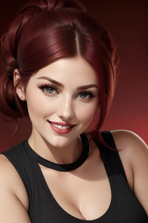 Lucy Pinder, face portrait, smiling, hair tied in a chignon, chubby woman, maroon hair, black t-shirt, red lipstick.