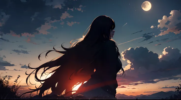 Masterpiece, best quality, night, hills, clouds, full moon, long hair, woman, silhouette, firefly.