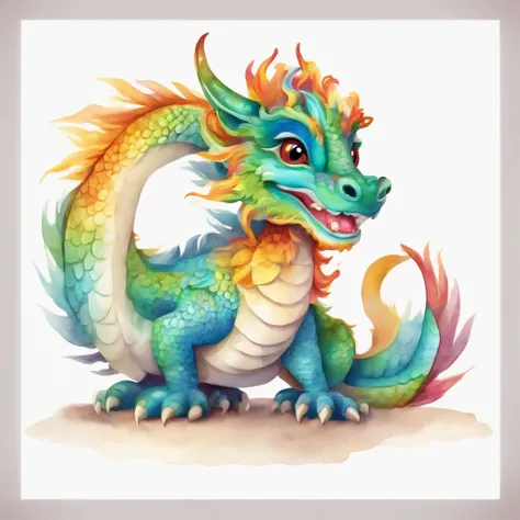 Cute little Chinese dragon, Cartoon, Multi-colored watercolor, White square background