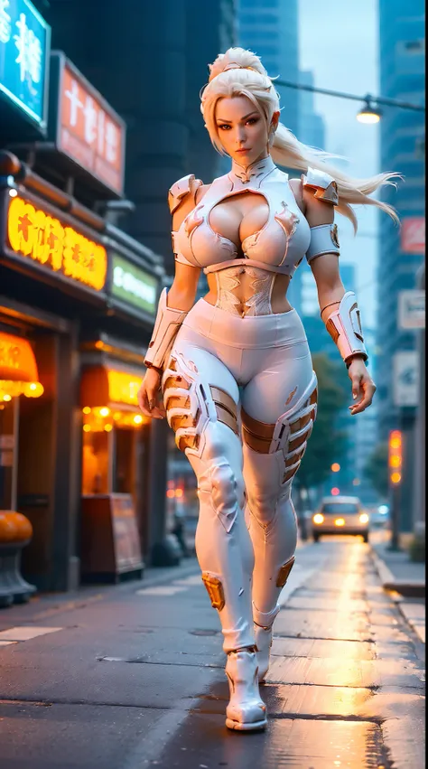 (((2 PAIR DRAGON HORN))), PONYTAIL, (HUGE FAKE BOOBS:1.3), (BEAUTIFUL FACE), (WHITE, ORANGE), (CYBERPUNK STREET CITY BACKGROUND), (CYBER MECHA BRA), (CLEAVAGE), (SKINTIGHT YOGA PANTS), (HIGH HEELS), (PERFECT BODY:1.2), (FULL BODY VIEW), (LOOKING AT VIEWER)...