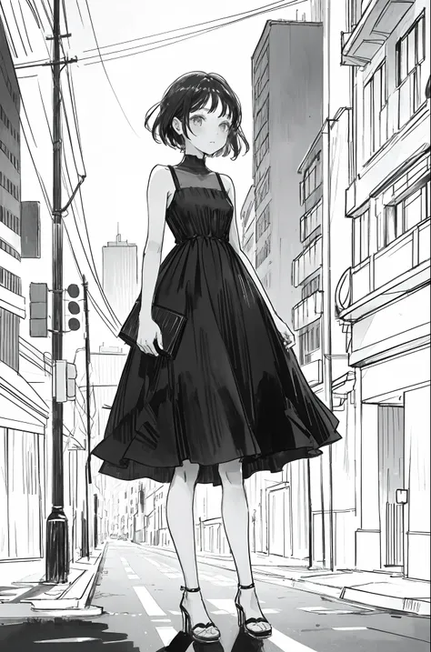 1girl, A girl in a short evening dress is standing in the middle of the street, no colors