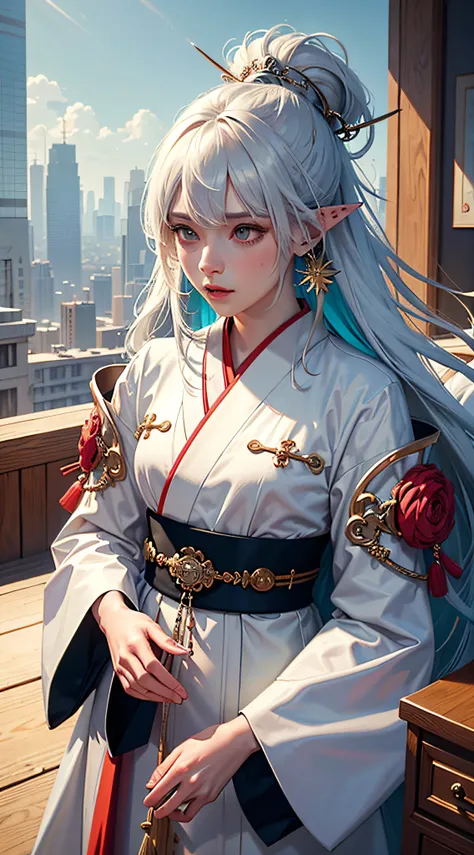 Concept Art, "1 Couple, Male Focus, Fin Ears, Multicolored Hair, Handsome Boy, Long White Hair, Tassels, Bangs, Carp, Colorful, Bold Colors, White Kimono, (Open) Kimono, Traditional Chinese Clothing, Close-up, Intimate Interaction in Bed, Stud Earrings, Ri...