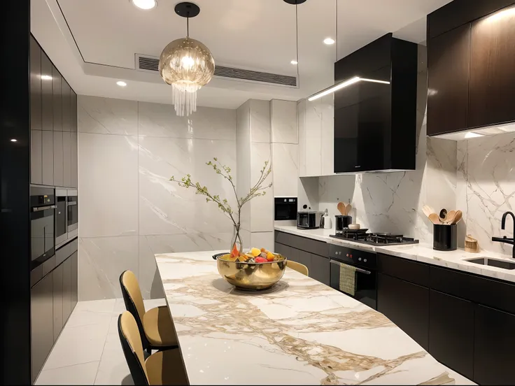 in a kitchen, you step into a realm of culinary artistry. the entire space is dominated by black, complemented by metallic decor...