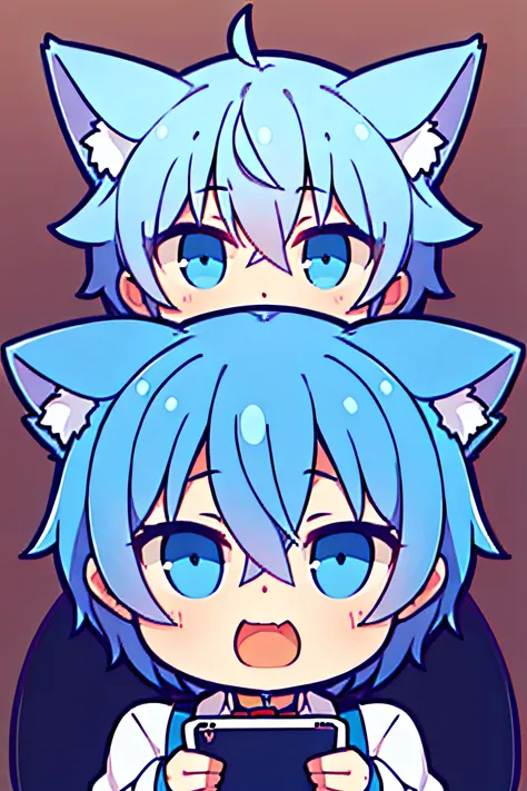 Libido boy，Cat ears，blue color eyes，short detailed hair，full bodyesbian，proud expression，blue hairs，Sit and play with your phone，The back is full of children