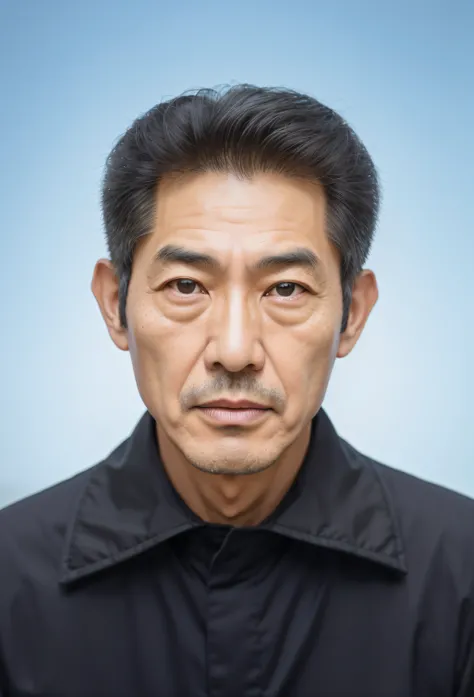 Portrait of a 65-year-old Chinese man，二重まぶた，Clear double eyelids，The facial features are correct and thin，Symmetrical facial features，Clear ears，Ultra-clear and realistic facial features，man short hair，He is wearing a black Zhongshan suit，Cotton material，T...