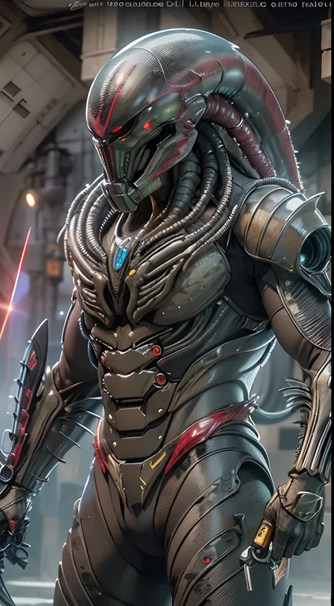 ((Predator with futuristic battle suit, Scene of Predator fighting bloody alien monsters with laser knives, h.r. gigers epic and dramatic battle)) futuristic design, masterpiece, best quality