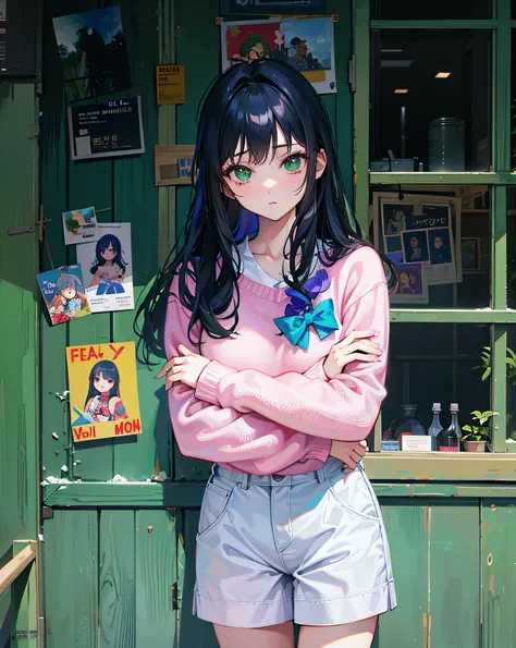 (Realistic painting style:1.0), Masterpiece, Best quality, absurderes, comic strip, illustration,
1 girl, Long hair, Sexy girl, Young sexy girl, Korean girl, {Breasts}, Wendy, 
A girl leans against a green door with her arms crossed, Green door with window...