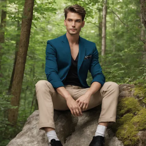 1man, handsome, stunning, sitting on a rock in the woods,  short pant, outdoors, detailed face, happy smiling