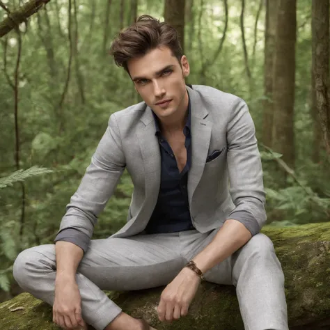 1man, handsome, stunning, sitting on a rock in the woods,  short pant, outdoors, detailed face, happy smiling