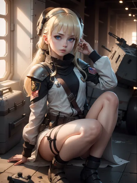 Destroyed aircraft carrier,ukrainian girl , Ukrainian anime girls , , Ukraine ,  Full body composition of young girl with messy bright blonde hair, eye make up, 13 year old,  Soft lighting, Solo,, badges, Pose, Blotch color, Octane Render, Hyperrealistic i...