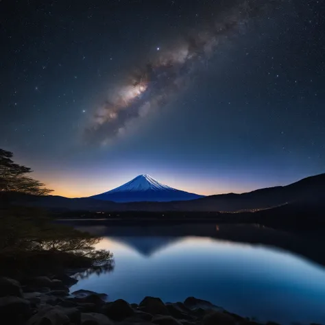 Master Parts、Superior Quality、superior image quality、The 8k quality、、Beautiful pictures of the starry sky、magnifica、Arched Milky Way:1.9、Mt fuji、Blue surface of the lake