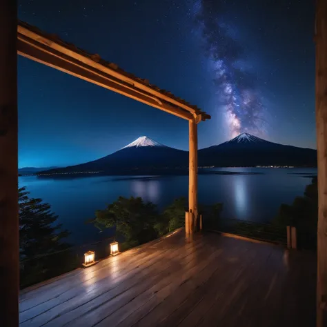 Master Parts、Superior Quality、superior image quality、The 8k quality、、Beautiful pictures of the starry sky、magnifica、Arched Milky Way:1.9、Mt fuji、Blue surface of the lake