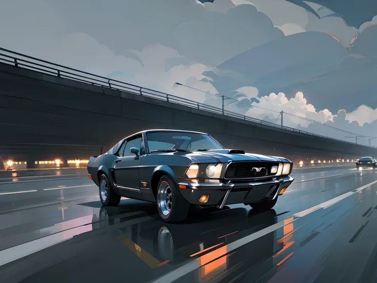 Ford Mustang 1969 model black color, city highway, car driving at high speed, empty surroundings, cloudy sky, strong contrasting environment, fast car speeding in traffic.