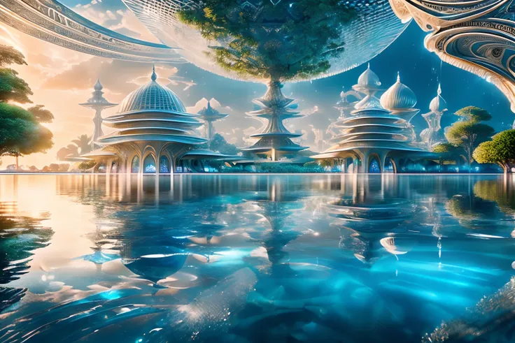 futuristic dome-shaped city surrounded by water, ((intricate detail architecture and advanced technology rendered:1.3)), (((stunning extremely detail texture:1.2))), (((water in all its glory:1.3))), every detail captured drawing, extremely insane detail, ...