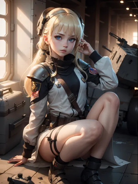 Destroyed aircraft carrier,ukrainian girl , Ukrainian anime girls , , Ukraine ,  Full body composition of young girl with messy bright blonde hair, eye make up, 13 year old,  Soft lighting, Solo,, badges, Pose, Blotch color, Octane Render, Hyperrealistic i...