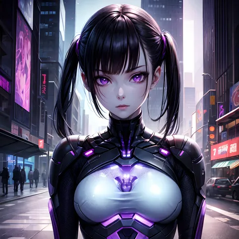 Science Fiction, Alien Being, Female, Black Hair Horsetail, Purple Eyes, Pale Skin, Cyberonic Suit,, In a Futuristic City, Ultra Accurate, Detailed Face, Detailed Body