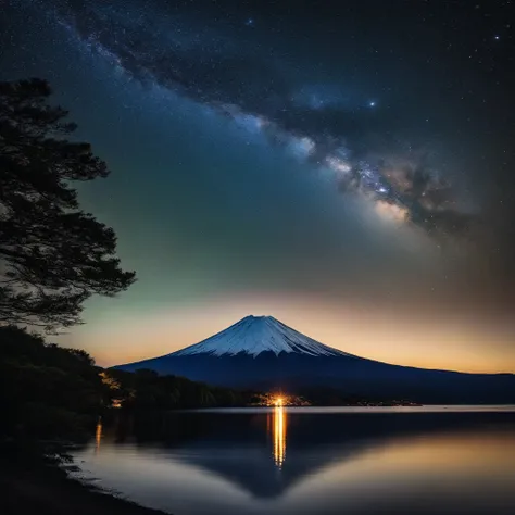 Master Parts、Superior Quality、superior image quality、The 8k quality、、Beautiful pictures of the starry sky、magnifica、Arched Milky Way:1.9、Mt fuji、Blue surface of the lake