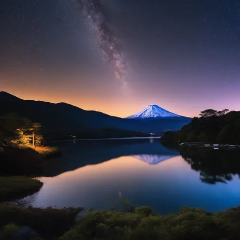 Master Parts、Superior Quality、superior image quality、The 8k quality、、Beautiful pictures of the starry sky、magnifica、Arched Milky Way:1.9、Mt fuji、Blue surface of the lake