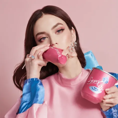 Elegant woman sipping pink and blue cans at home, The can is marked with the word BYSELF, Drink, Home, Leisurely, Blushing, glinting, Relaxing, slightly drunk, Product Photography