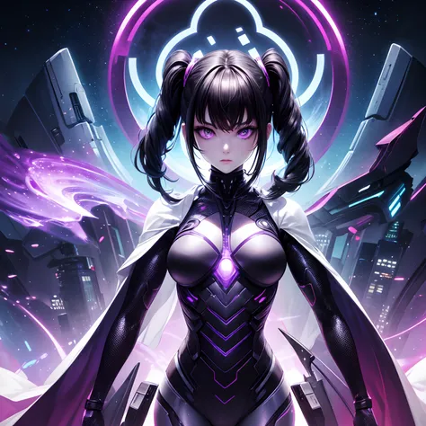 Science Fiction, Alien Being, Female, Black Hair Horsetail, Purple Eyes, Pale Skin, Cyberonic Suit,, In a Futuristic City, Ultra Accurate, Detailed Face, Detailed Body