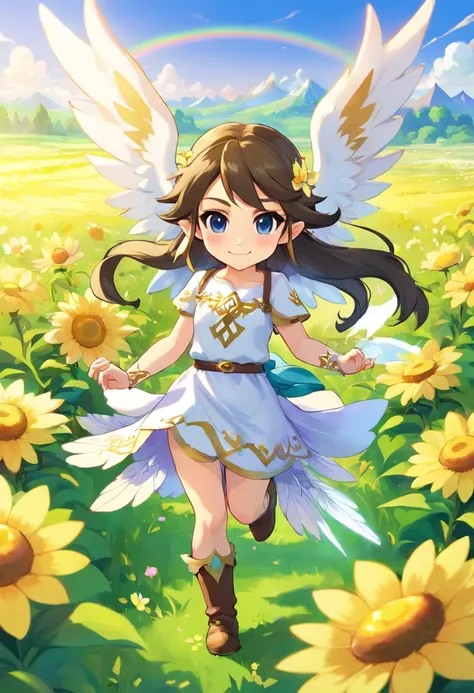 tchibi、White double-winged、A dark-haired、Smiling Angel、Floating、flower  field