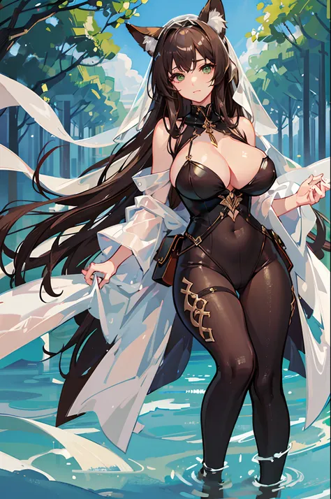 (Masterpiece, best quality, beautiful eyes, highly detailed, high res), 1girl, fox girl, fox ears, fox tail, brown hair, green eyes, mature woman, massive breasts, massive cleavage, white dress, sexy, veil, shiny skin, wet skin, water, goddess, wet clothes...