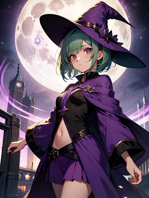 top-quality、extremely delicate and beautiful、(A teenage girl)、Purple Eye、Green hair、short-haired、(purple witch hat)、Purple tie、Soio、shortsleeves、Purple skirt、Purple Wizard Robe、Navel、is standing、Full moon night on background