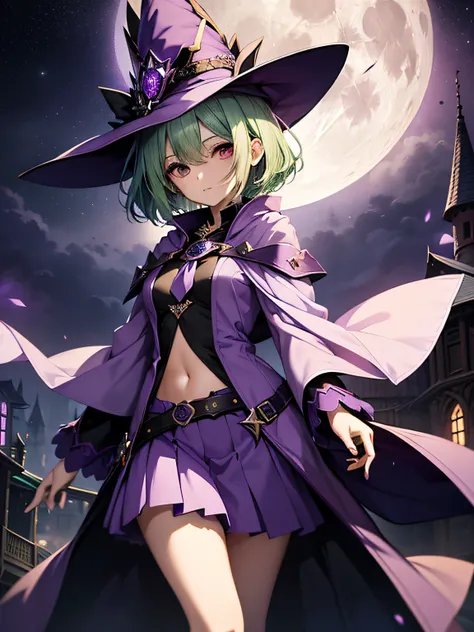 top-quality、extremely delicate and beautiful、(A teenage girl)、Purple Eye、Green hair、short-haired、(purple witch hat)、Purple tie、Soio、shortsleeves、Purple skirt、Purple Wizard Robe、Navel、is standing、Full moon night on background