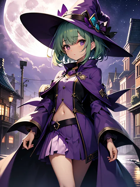 top-quality、extremely delicate and beautiful、(A teenage girl)、Purple Eye、Lori、chiquita、Green hair、short-haired、(purple witch hat)、Purple tie、Soio、shortsleeves、Purple skirt、Purple Wizard Robe、Navel、is standing、Full moon night on background