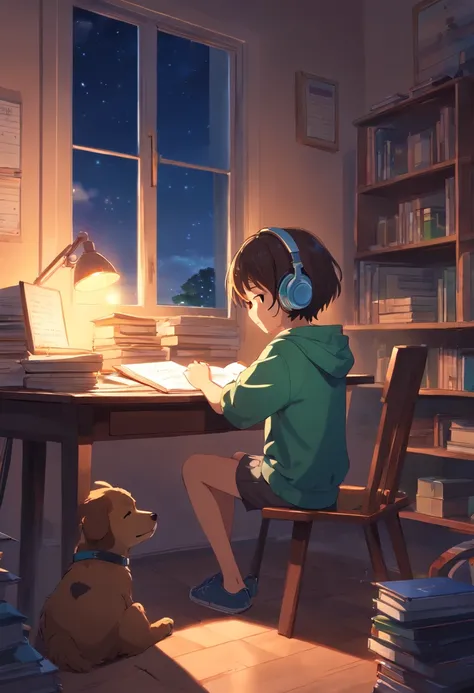 A child sitting on study table , studying hard , focusing on the copy , with headphones in the ear , linsting the song with bright light from the bulb , and dog sleeping on the floor , night time , open window