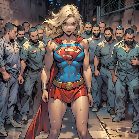 The sexy Supergirl in DC Comics stands in front of a group of male prisoners, She doesnt have a mask, She has no headdress, huge tit, Buttock augmentation ,Soaked all over, Her expression is tense, The prisoners looked at her intently, Prisoners tried to s...