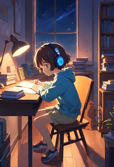 A child sitting on study table , studying hard , focusing on the copy , with headphones in the ear , linsting the song with bright light from the bulb , and dog sleeping on the floor , night time , open window