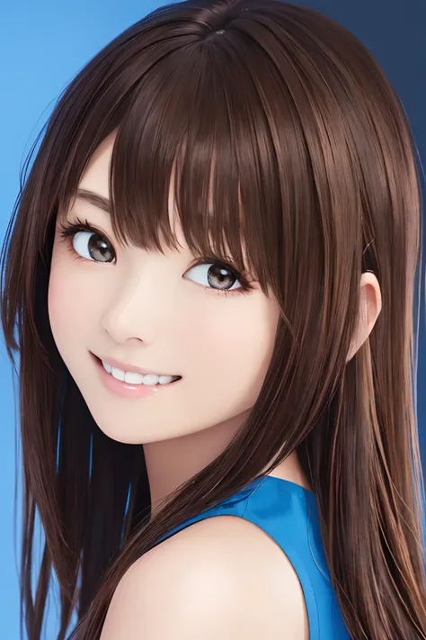 an oil painting、Top image quality、(((Brown hair)))front facing、Pull angle of view、1girl in,Pitch black background、 Solo, masutepiece, Best Quality, Rinoa, Blue Duster, Blue wristband, Upper body, Portrait, Smile,