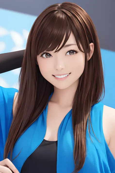 an oil painting、Top image quality、(((Brown hair)))front facing、Pull angle of view、1girl in,Pitch black background、 Solo, masutepiece, Best Quality, Rinoa, Blue Duster, Blue wristband, Upper body, Portrait, Smile, Looks fun