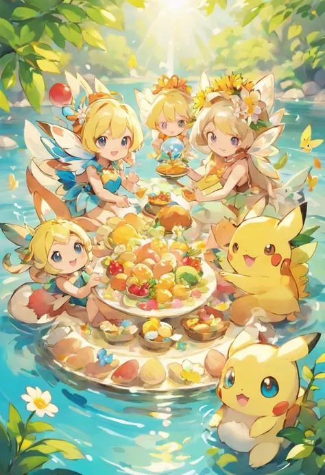 Cute fairies hold a feast in a lake surrounded by flowers