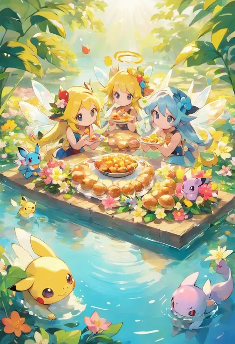 Cute fairies hold a feast in a lake surrounded by flowers