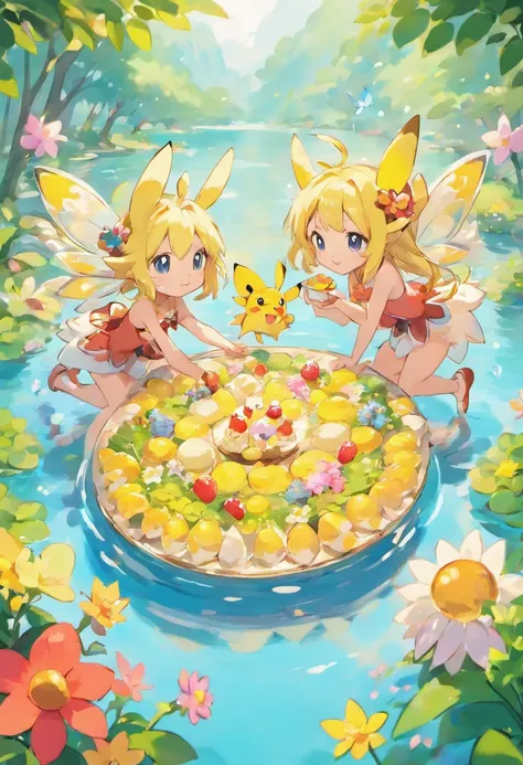 Cute fairies hold a feast in a lake surrounded by flowers