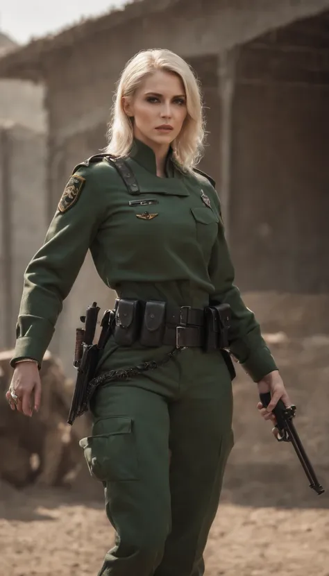 Photography and blade vampire hunter (Wesley Snipes), Ninja sword on the back, 40-year-old blonde woman, sunglasses, atheletic body, Short black punk hair, No beard, serious face expression, neck tattoo, Proof military uniform of all-black bullets. 70mm, f...