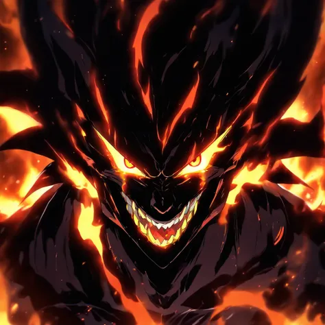 Portrait of a creature of pure black fire named K4B4Z , with blazing eyes and a menacing aura