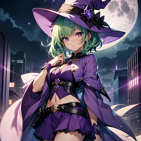 top-quality、extremely delicate and beautiful、(A teenage girl)、Purple Eye、Lori、Chiquita、Green hair、short-haired、(purple witch hat)、Purple tie、Soio、shortsleeves、Purple skirt、Purple Wizard Robe、Navel、is standing、Full moon night on background