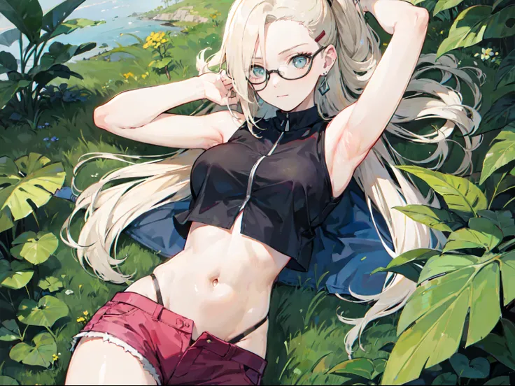 Ino Yamanaka, glasses, Shorts, sleeveless croptop shirt, Slim body (masterpiece, good quality, good anatomy), (jungle, armpit,) (1girl)