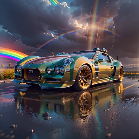 in a panoramic view，photorealestic，Sky after rain，A huge beautiful rainbow appeared，Rainbow Speeder，Golden sci-fi car speeding at high speed on a rainbow，Epic，detail-rich，It forms a spectacular sight，Intricate details, finetextures, Surreal，Perfectcomposit...