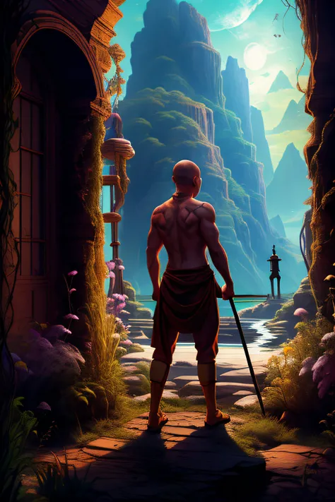 a half naked monk character with quarterstaff and standing amidst a mystical background.