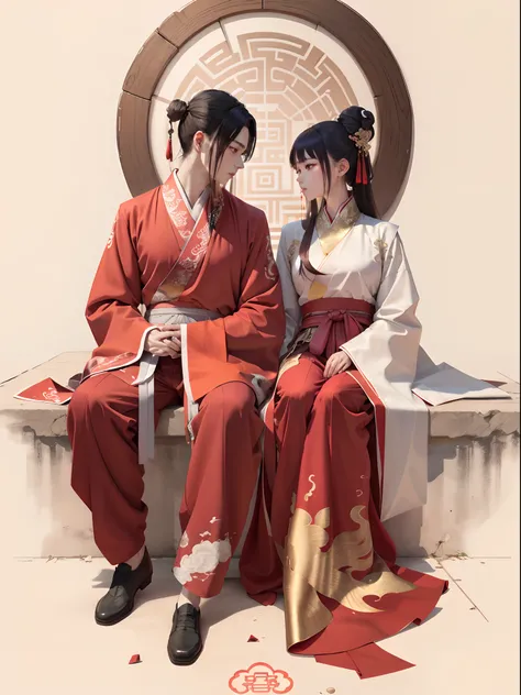 anime line art, couple in red dress sitting on a white floor next to a man, a portrait inspired by Tang Di, tumblr, anime style, hanfu, traditional chinese, wearing red attire, traditional chinese clothing, wearing ancient chinese clothes, chinese style, w...